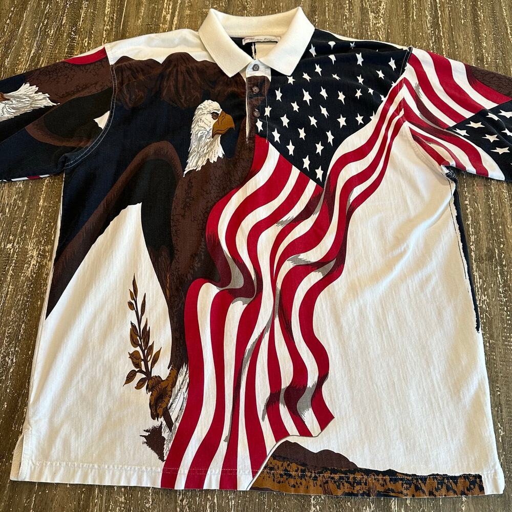 American Summer Vintage AOP Merica Bald Eagle Flag Polo Shirt Cream Mens Size XL